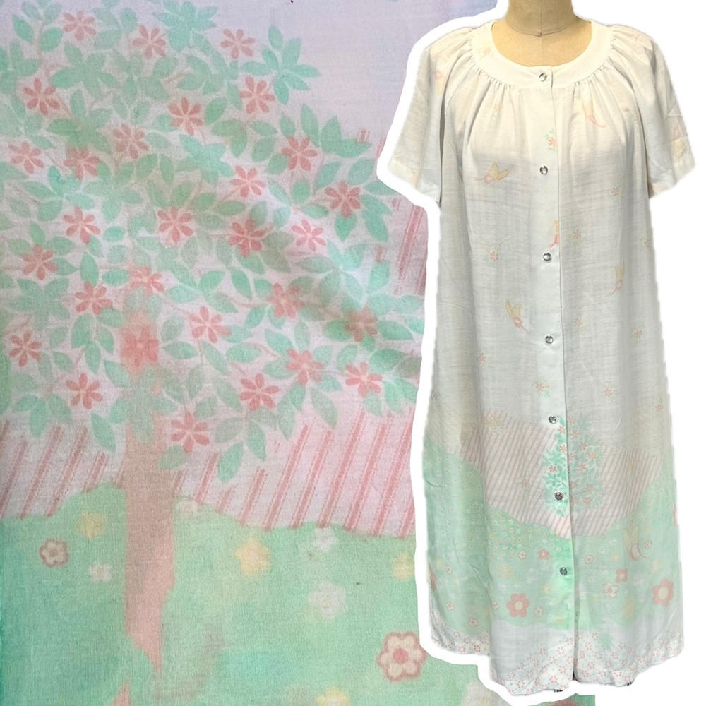 VINTAGE storybook scene dressing gown robe house dress tree butterfly meadow 70s